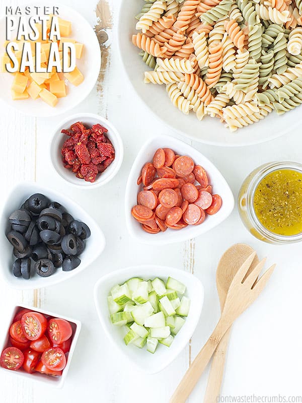 Here is a simple tutorial for building an easy & versatile Master Pasta Salad Recipe from scratch. Enjoy the gluten free, vegetarian and dairy-free options! Try our Greek Pasta Salad, Cobb Pasta Salad, Italian Pasta Salad, and our Skillet Pizza Veggie Pasta. 