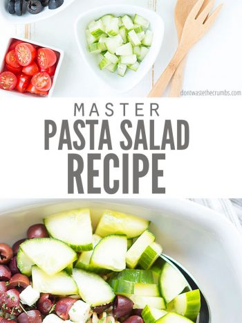 Here is a simple tutorial for building an easy & versatile Master Pasta Salad Recipe from scratch. Enjoy the gluten free, vegetarian and dairy-free options! Try our Greek Pasta Salad, Cobb Pasta Salad, Italian Pasta Salad, and our Skillet Pizza Veggie Pasta. 