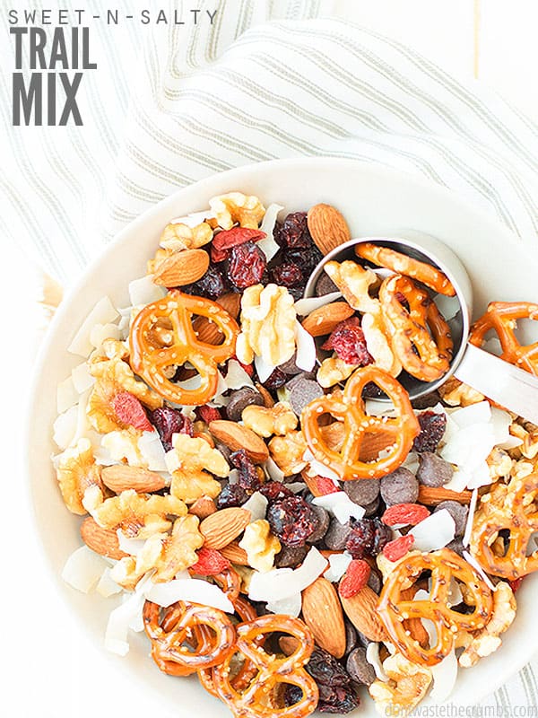 Healthy high protein trail mix is a great snack for the whole family, satisfyingly sweet and salty.