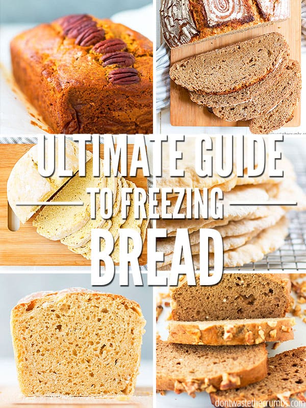 Six loaves of freshly baked bread, sliced and ready to serve, including a rich pecan bread, pitas, and a white sandwich bread, are overlaid with the text "Ultimate Guide to Freezing Bread."