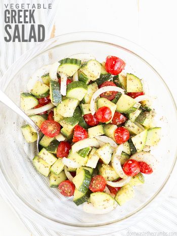Learn how to make this easy recipe for traditional Mediterranean greek salad! Made with simple ingredients & homemade dressing. You can add chicken, too! :: DontWastetheCrumbs.com