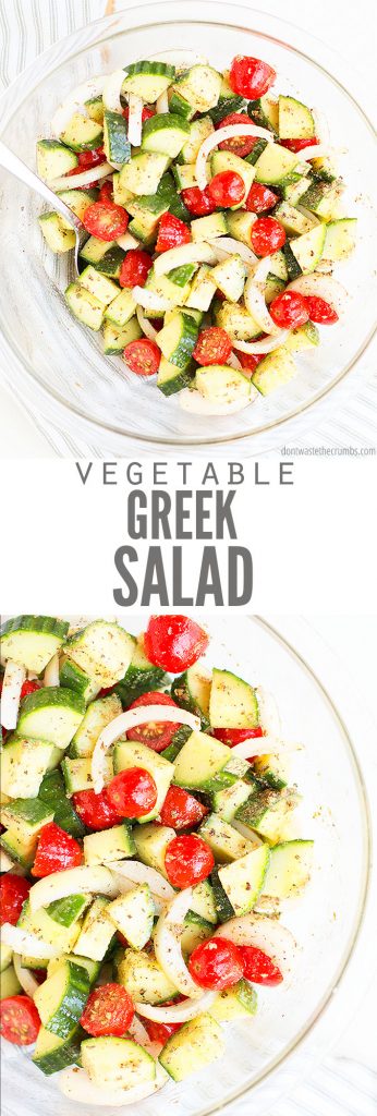 Two images of a bowl of vegetable greek salad, including cucumbers, tomatoes, and onions. Text overlay reads "Vegetable Greek Salad"