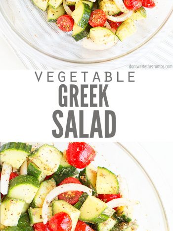 Two images of a bowl of vegetable greek salad, including cucumbers, tomatoes, and onions. Text overlay reads "Vegetable Greek Salad"