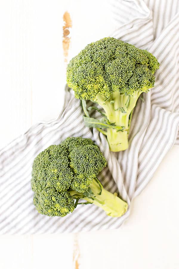 Two heads of broccoli sit on a gray striped towel.
