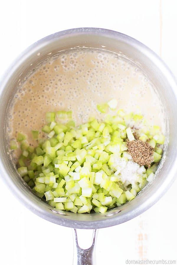 After making the roux (combining the flour and butter over medium heat), add the celery, milk and seasonings to the saucepan and stir occasionally. This soup comes together very quickly and easily! 