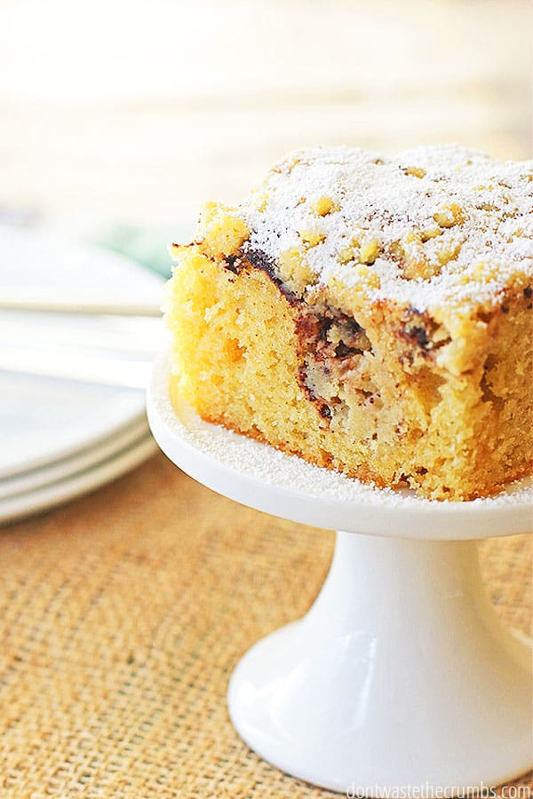 One pan of this lightly sweet and cinnamon-y coffee cake recipe can last for an entire week's breakfasts! Enjoy with a sprinkling of powdered sugar and a hot cup of coffee.
