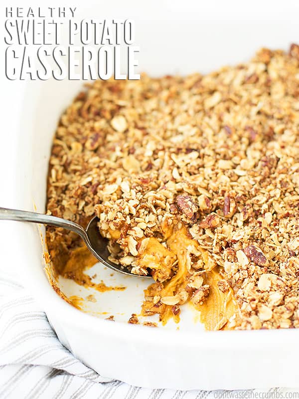 This Healthy Sweet Potato Casserole recipe is so creamy, naturally sweet, and super easy to make ahead for Thanksgiving. Perfect for the holidays alongside dinner rolls and my Slow Cooker Cranberry Sauce!