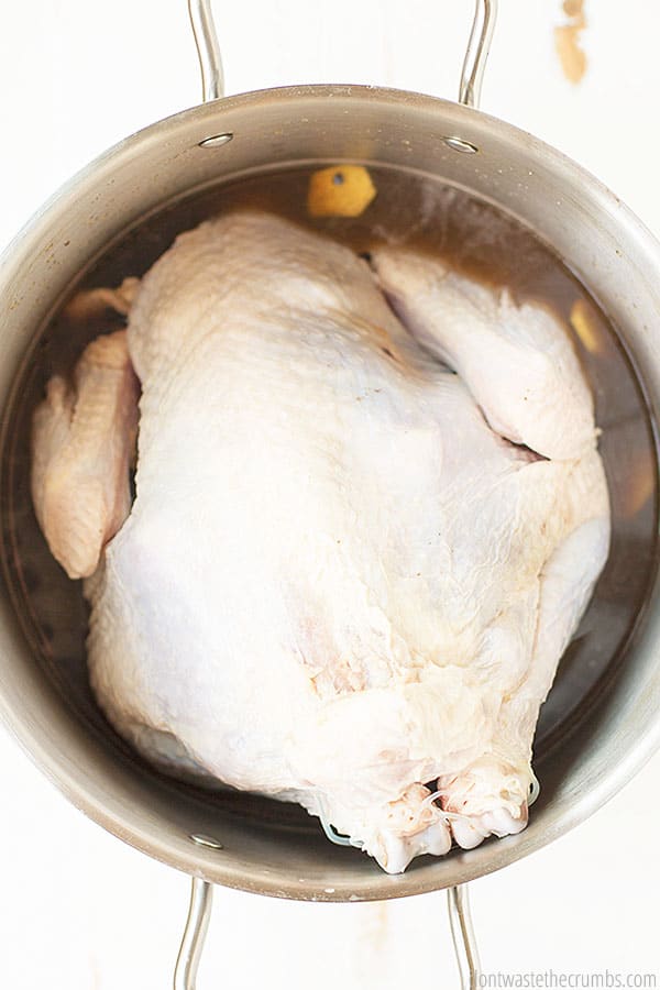To brine a turkey, it is best to use a fresh turkey, so be sure to thaw  your bird in the refrigerator first. Remember to start early to have all of your ingredients ready!  