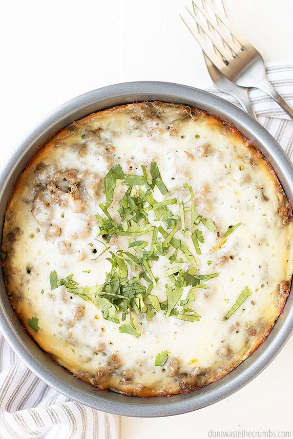 Once this simple breakfast casserole is complete, the shredded potatoes will create a wonderfully charred crust! Which all of the yummy layers can be served on. 