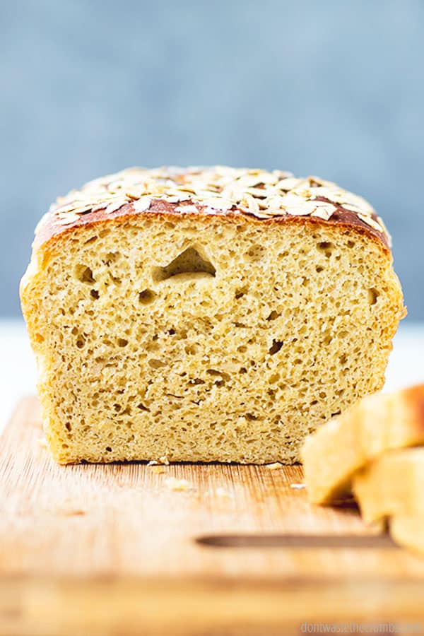 We use whole wheat einkorn flour to make our oat bread recipe, which is lightly sweetened with maple syrup. You can also use all purpose flour. 