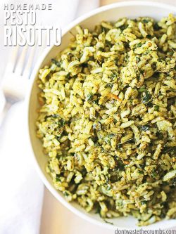 Easy & delicious risotto recipe for pesto risotto. Plus a recipe for fresh homemade pesto! This amazing dish takes just minutes to make and tastes gourmet. :: DontWastetheCrumbs.com