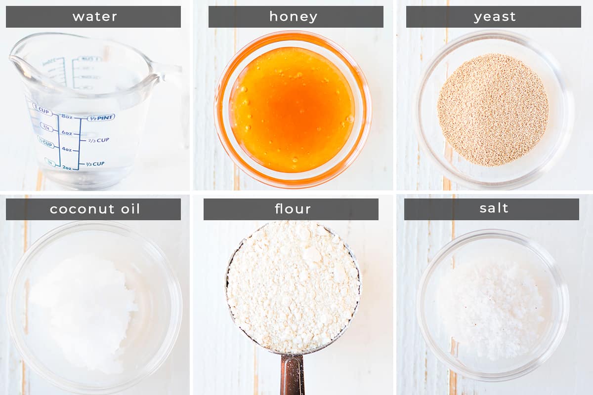 Image containing recipe ingredients water, honey, yeast, coconut oil, flour, salt.