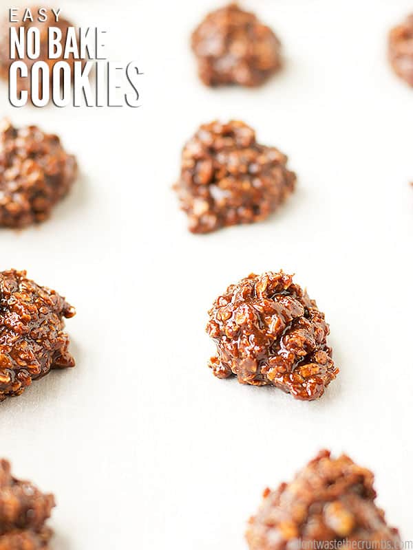 The cover photo of my No Bake Cookies post. It shows cookies in a row laid out on a piece of parchment paper.