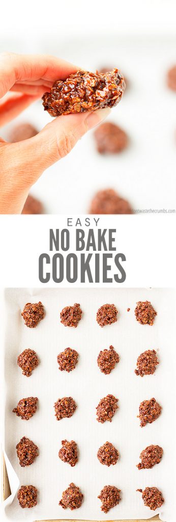 These healthy no bake cookies are naturally gluten-free & low sugar, using a few ingredients like peanut butter, oats & chocolate chips.
