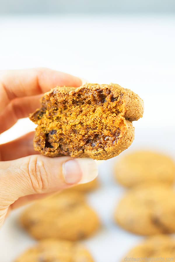 A snapped cookie showing a crisp outer shell around a moist and delectable center. In front of a blurry background with cookies at the bottom of the picture.