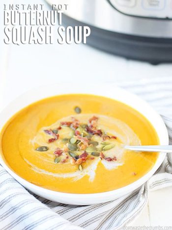 This Instant Pot Butternut Squash Soup is SO quick & easy and irresistibly savory. Vegan friendly and versatile, use frozen or fresh veggies. Pairs perfectly with a slice of my no-knead overnight artisan bread or enjoy with a fresh fall salad.