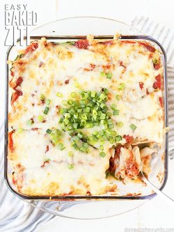 This Baked Ziti Recipe is a healthy classic comfort food with 9 different veggies, can be made ahead of time, and is deliciously frugal! Pairs perfectly with a kale caesar salad and avocado chocolate mousse for dessert!