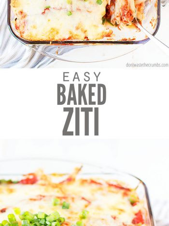 This Baked Ziti Recipe is a healthy classic comfort food with 9 different veggies, can be made ahead of time, and is deliciously frugal!