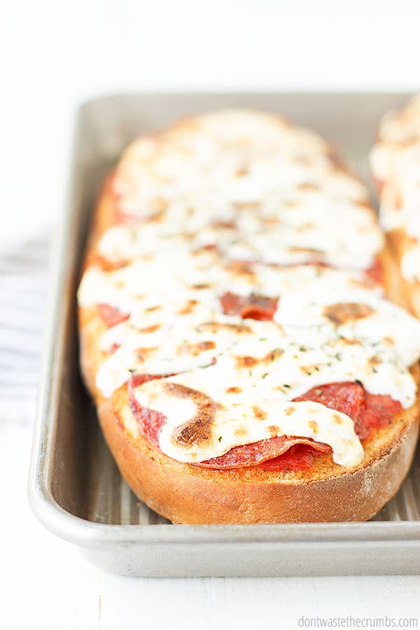 French Bread with melted cheese over pepperoni