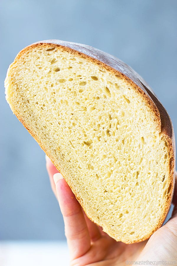 A hand holding a half of a loaf. The center is full of air pockets that make the bread light and fluffy.