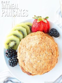 These fluffy and easy oatmeal pancakes are great paired with a side of kiwi and strawberries and blackberries. These are healthy and yummy!
