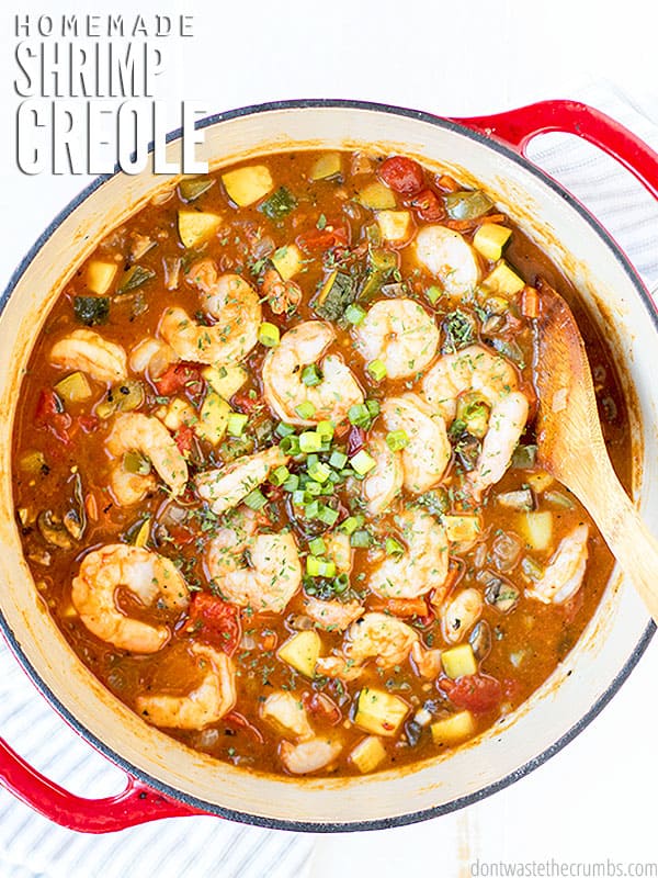 Fully cooked plump shrimp and vegetables in a tomato-based pot of shrimp creole. 