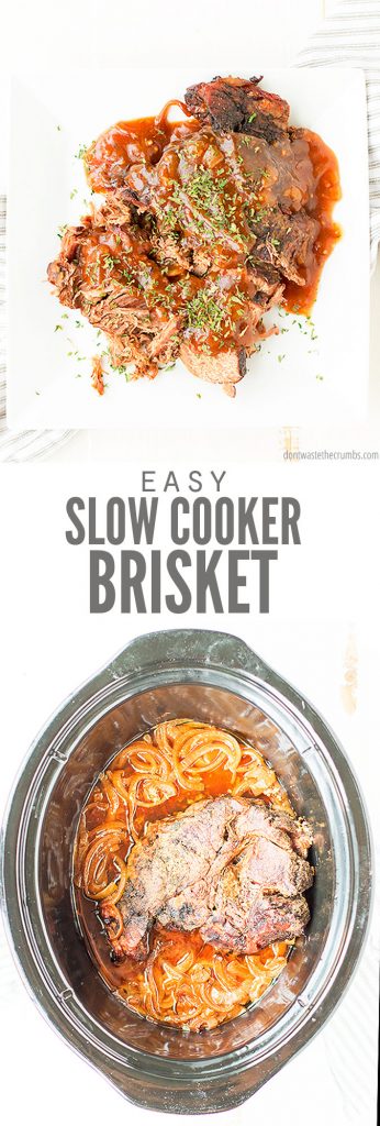 This easy Slow Cooker Brisket comes out so tender and juicy. Hands-free recipe, simmers in tangy homemade BBQ sauce and can even be doubled or tripled! Perfect for batch cooking, or serving a group!