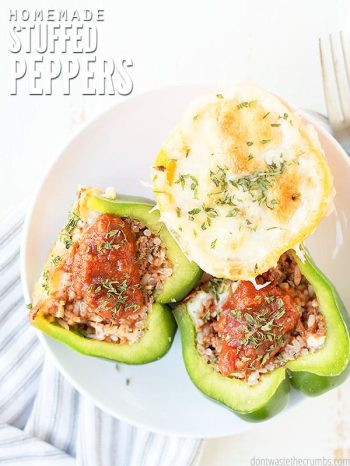 An easy recipe for the best Stuffed Peppers, a classic dinner now made healthier and more affordable! Freezer-friendly, versatile, and simple with only a handful of real food ingredients. Enjoy with roasted potatoes and a side salad.
