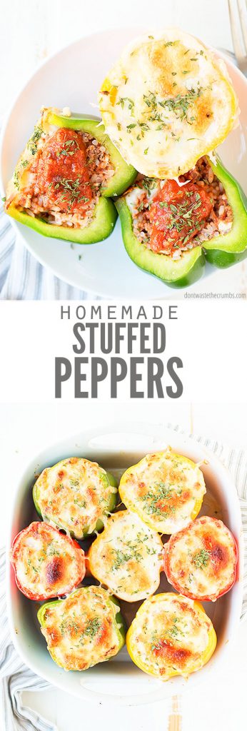 An easy recipe for the best Stuffed Peppers, a classic dinner now made healthier and more affordable! Freezer-friendly, versatile, and simple with only a handful of real food ingredients. Enjoy with easy roasted potatoes and a side salad.