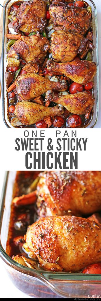 This sticky chicken has the BEST sauce for baked chicken that you will ever taste! It’s quick & easy, only takes minutes to prepare, and will have your family eating more veggies just to soak up the extra sauce.