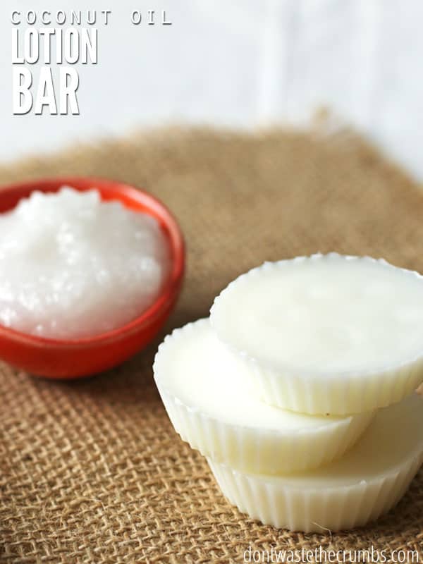 The cover image on the Coconut Oil Lotion Bar. A creamy lotion is set in a small red bowl next to three well formed lotion bars.