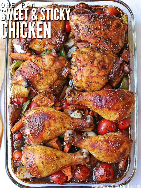 The cover of Sweet & Sticky Chicken.  Eight pieces of golden chicken above a bed of delightful vegetables. 