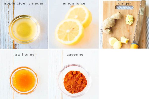 Image containing recipe ingredients apple cider vinegar, lemon juice, ginger, raw honey, cayenne.