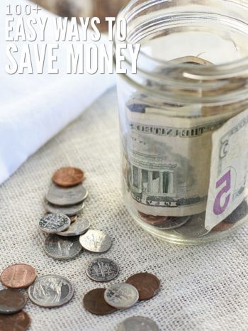 A jar on a table with paper bills rolled inside. Coins are spread out in the table. The texts says, "Ways to Save Money."