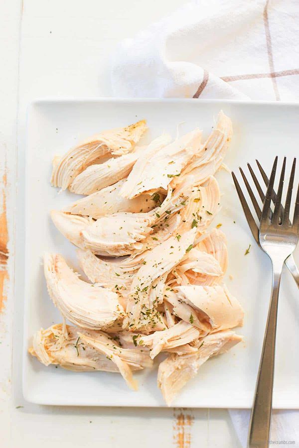 Shredded chicken on a white plate with two forks