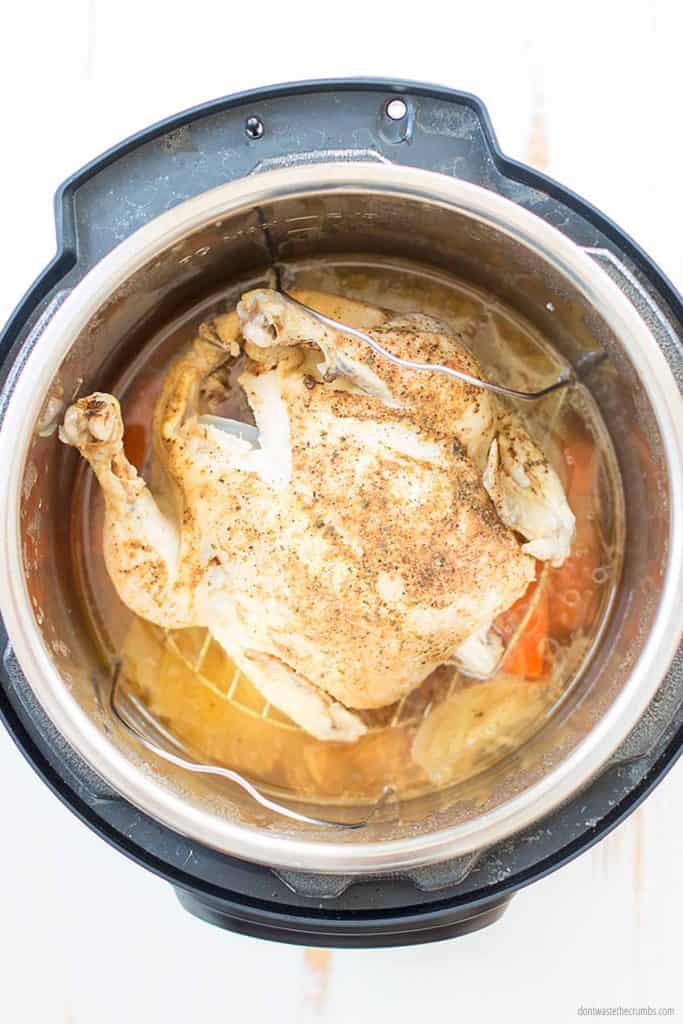 Open the Instant Pot lid carefully and remove the chicken. Serve as is or shred the whole chicken and portion for later.
