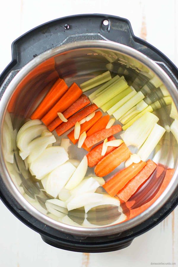 Chopped vegetables in an Instant Pot.