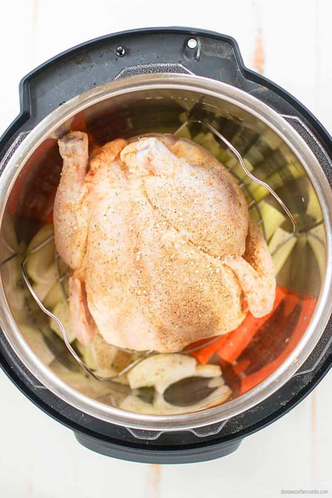 Short on time? Get dinner done in 30 minutes and cook your WHOLE chicken in the Instant Pot. No need to thaw - you can even cook it from frozen! Season with homemade poultry seasoning, or blackened seasoning for a fun kick!