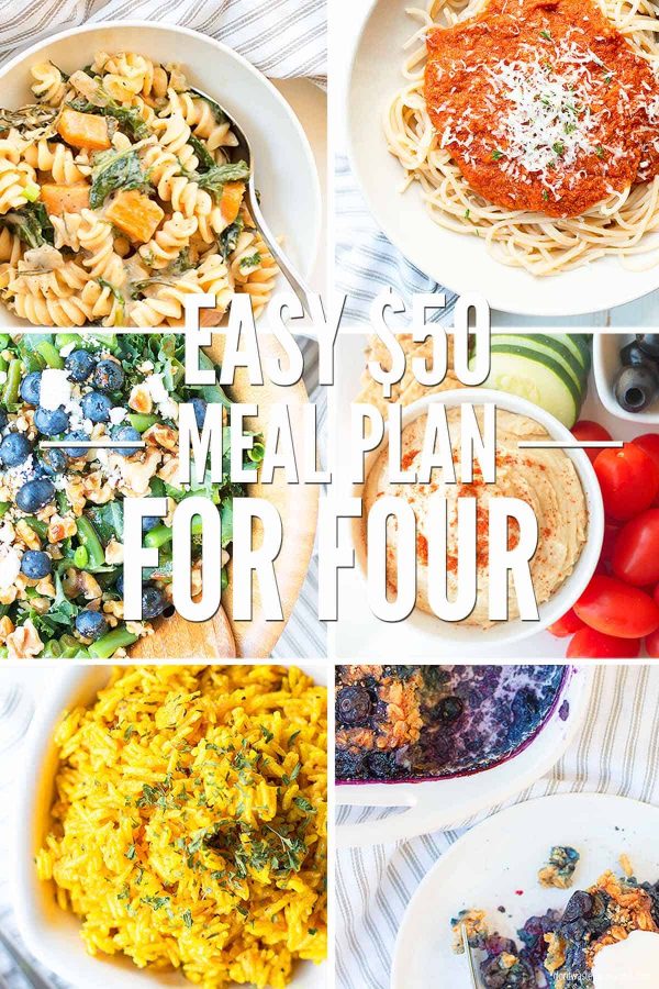 $50 a week meal plan for a family of four! Seasonal real food menu covers breakfasts, lunches, and dinners. Plus, how to use leftovers! It's frugal, healthy, and delicious!
