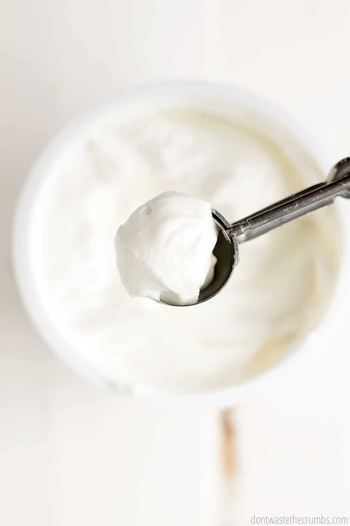 A scoop of yogurt is scooped out of a bowl, ready to be placed on a sheet pan for freezing yogurt.