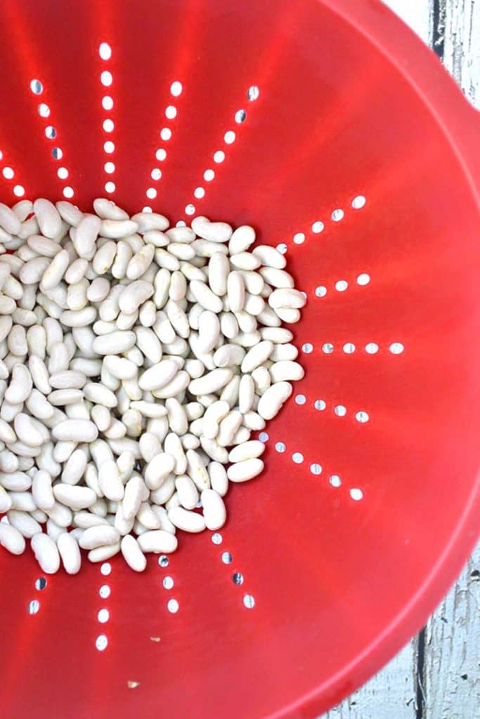A red colander holds dried white beans before they are rinsed and soaked. 