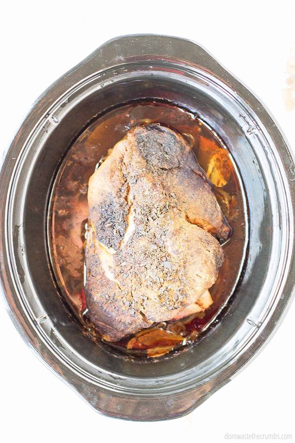 This pork roast is done and was cooked in the slow cooker.