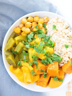 This slow cooker Thai pineapple vegetarian curry is loaded with vegetables and bursting with flavor. When you need something easy without the meat, this fits the bill! (Plus it’s freezer-friendly!)