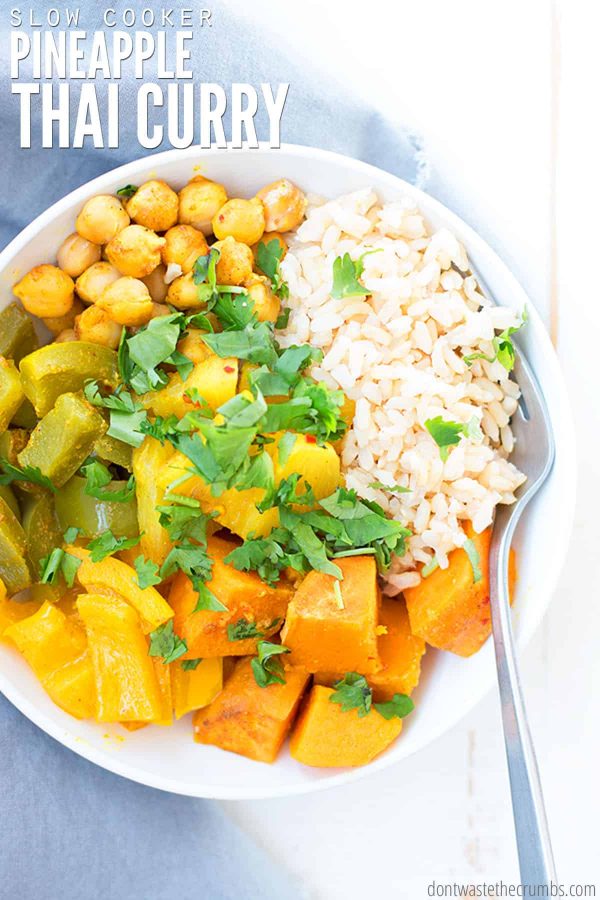 This slow cooker Thai pineapple vegetarian curry is loaded with vegetables and bursting with flavor. When you need something easy without the meat, this fits the bill! (Plus it’s freezer-friendly!)
