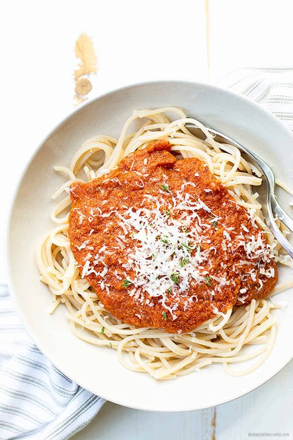This yummy spaghetti is ready to be served! It is in our weekly meal plan for a family of four, $50 for the week. Topped with our homemade 15 minute spaghetti sauce recipe.