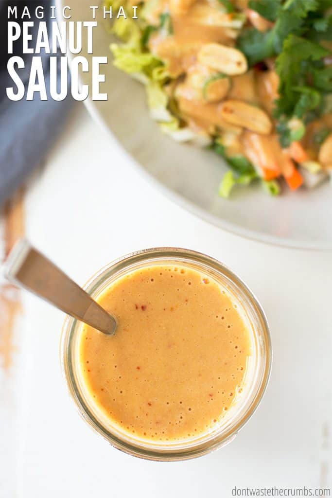 A jar filled with rich Thai peanut sauce sits next to a plate of salad featuring lettuce, cilantro, julienned carrots, green onions, and peanuts, doused generously in Thai peanut sauce.