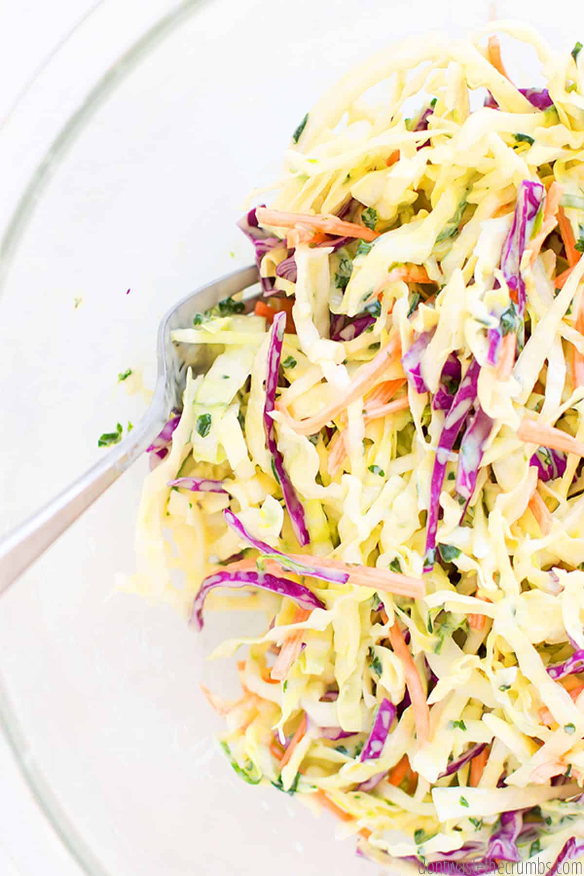 Green and red cabbage, sliced carrots, and pieces of cilantro are shredded and covered with a creamy dressing.