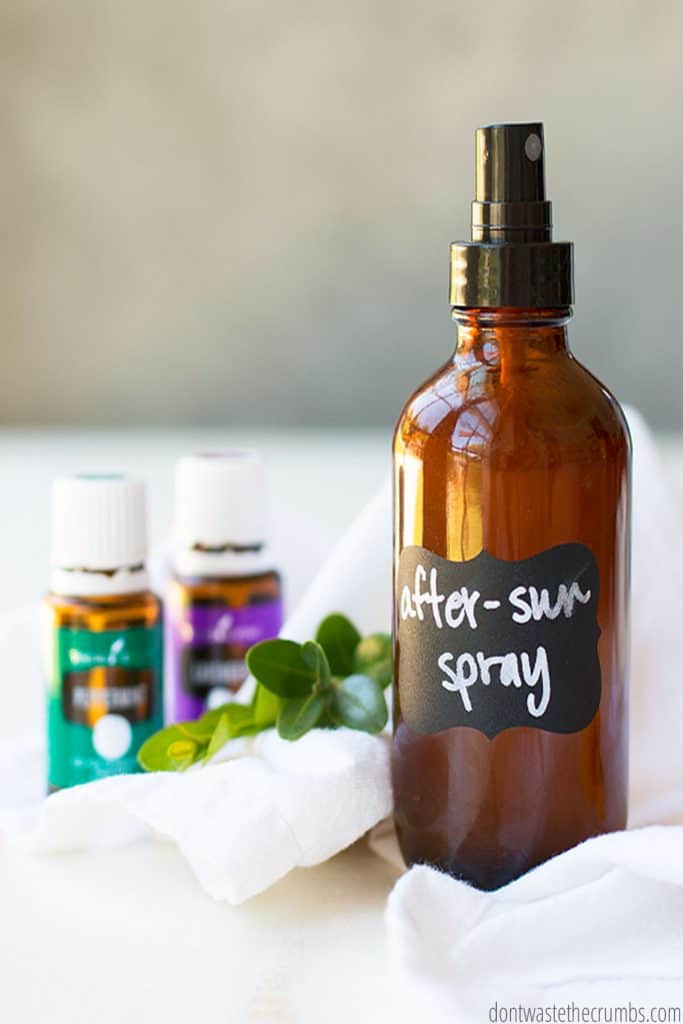 To make after sun spray all you need is a glass bottle mister and peppermint and lavendar essential oil and aloe vera and witch hazel.