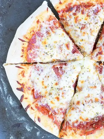 Cheese pizza using this healthy pizza dough recipe.