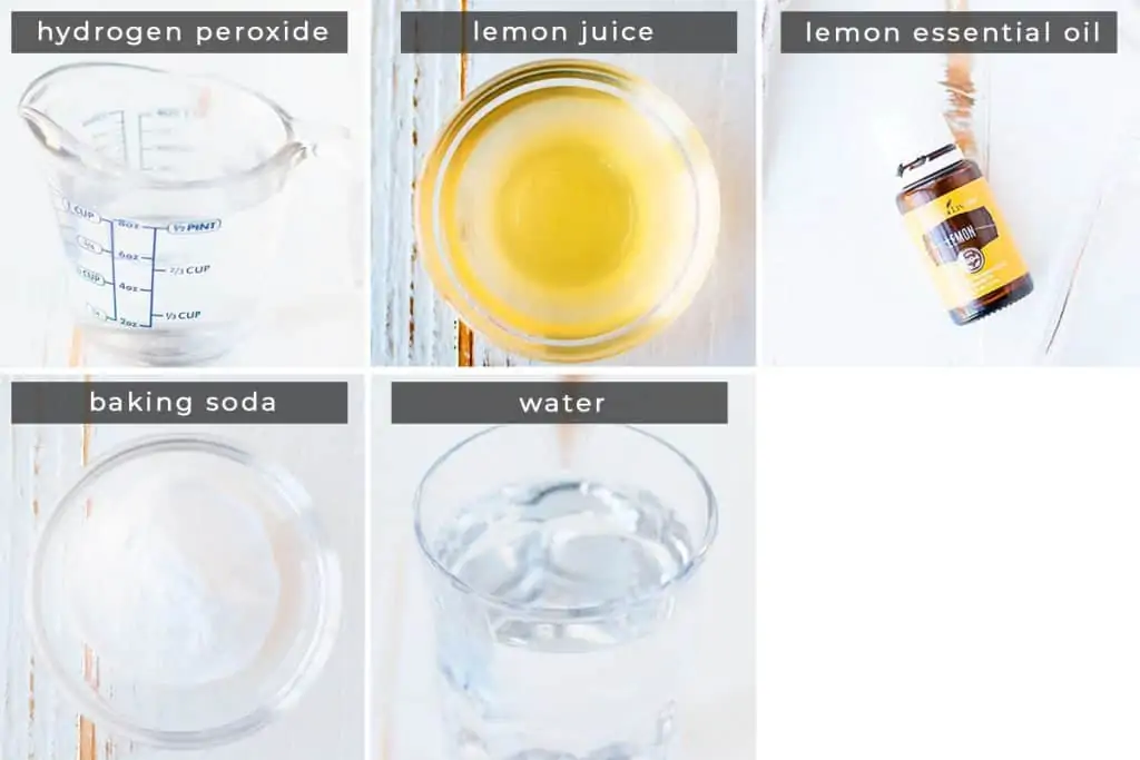 Image containing recipe ingredients hydrogen peroxide, lemon juice, lemon essential oil, baking soda, water.